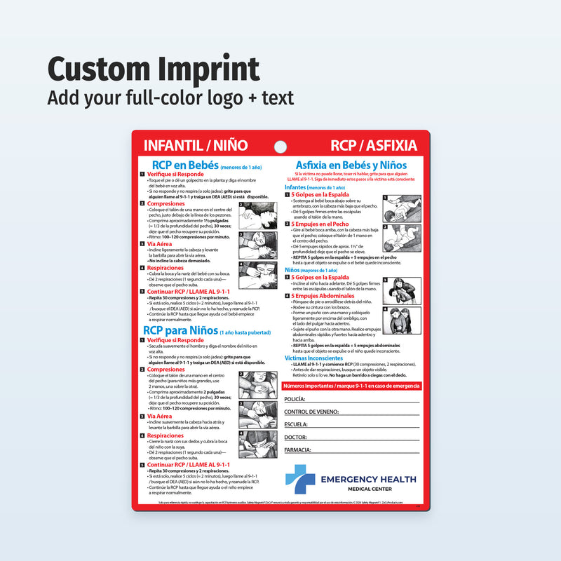 Educational magnet on infant resuscitation with text and images, featuring Emergency Health logo.