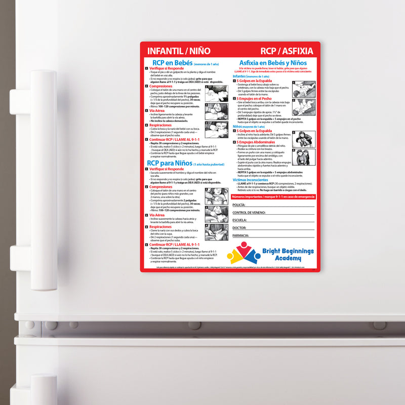 CPR & Choking (Infants & Children) (Spanish) – Custom Laminated Cards – 8.5 x 11 – Minimum 100