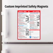 Custom imprinted safety magnet on a refrigerator door with text and graphics.