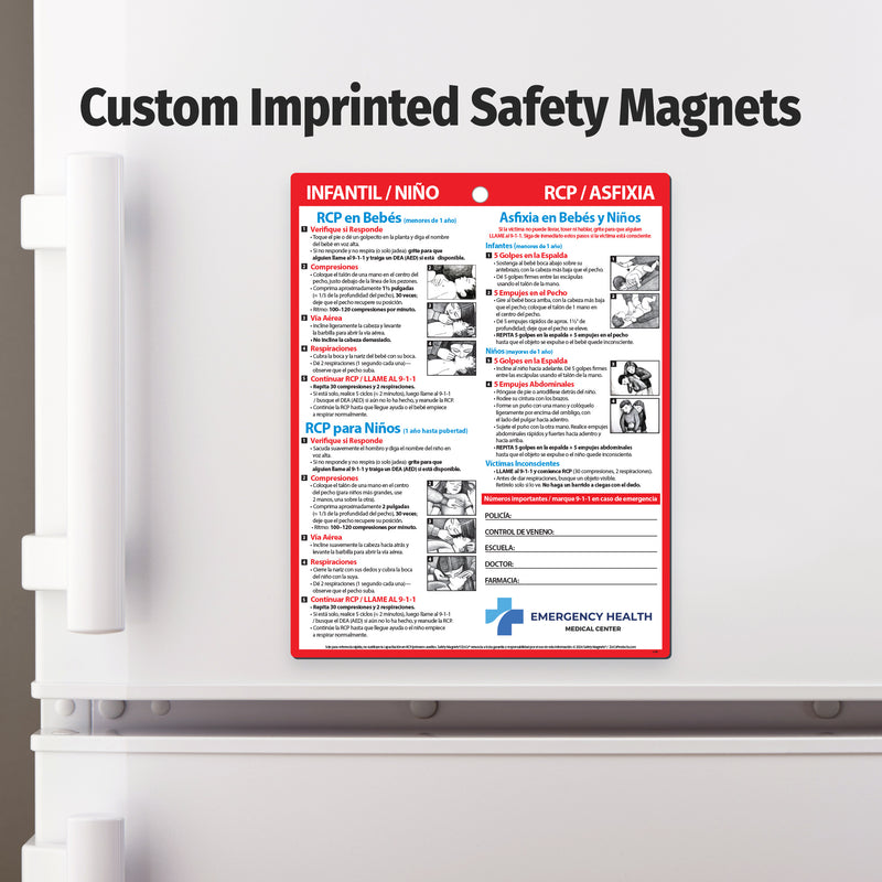 Custom imprinted safety magnet on a refrigerator door with text and graphics.
