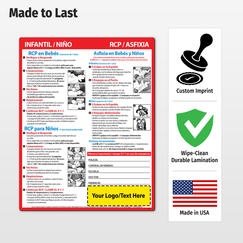 CPR & Choking (Infants & Children) (Spanish) – Custom Laminated Cards – 8.5 x 11 – Minimum 100
