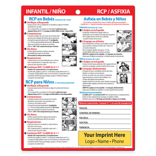 First aid chart for infants and children with Spanish text and illustrations on a white background.