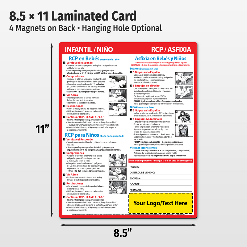CPR & Choking (Infants & Children) (Spanish) – Custom Laminated Cards – 8.5 x 11 – Minimum 100
