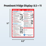 Emergency Health medical magnet in spanish displayed on a refrigerator with dimensions indicated.