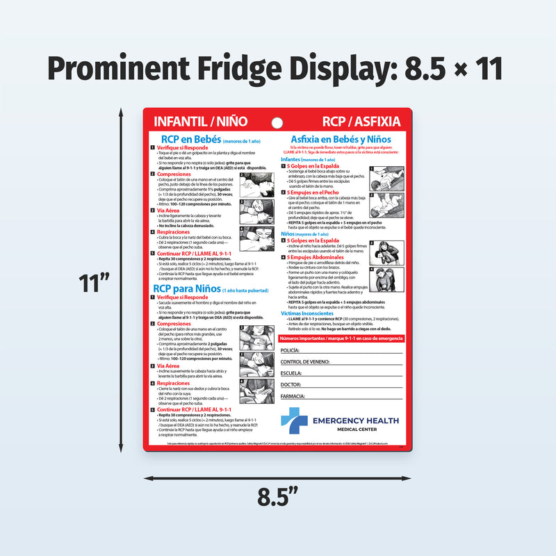 Emergency Health medical magnet in spanish displayed on a refrigerator with dimensions indicated.