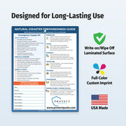 Natural disaster preparedness guide with key features highlighted on a white background