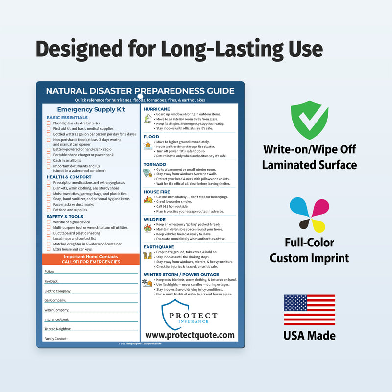 Natural disaster preparedness guide with key features highlighted on a white background