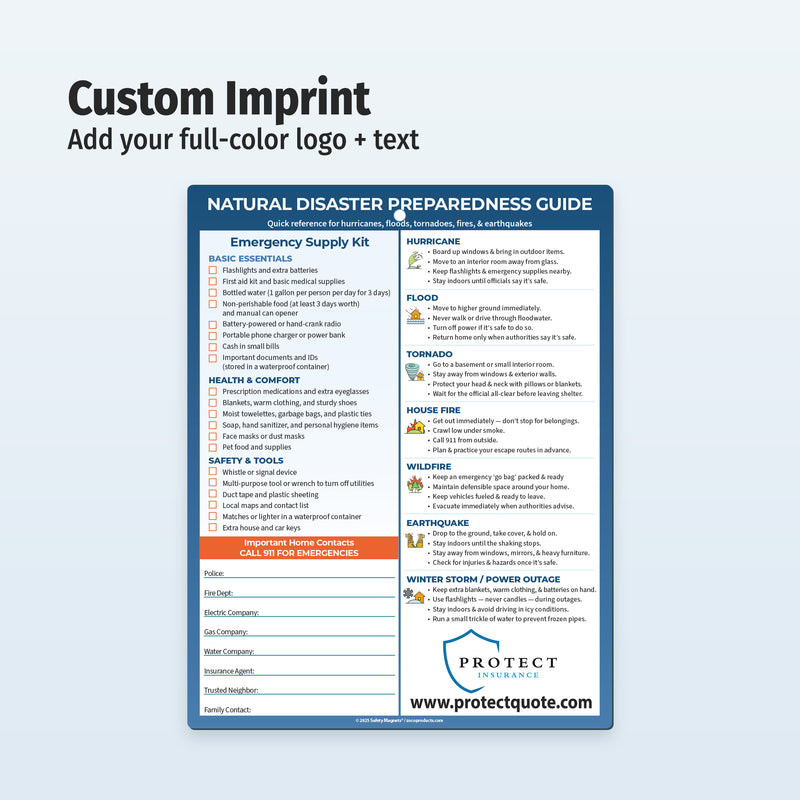 Natural Disaster Preparedness Guide with customizable branding options on a light blue background