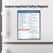 Custom imprinted safety magnet on a refrigerator door with a natural disaster preparedness guide.