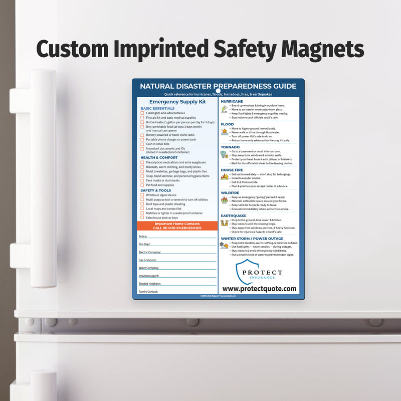 Custom imprinted safety magnet on a refrigerator door with a natural disaster preparedness guide.