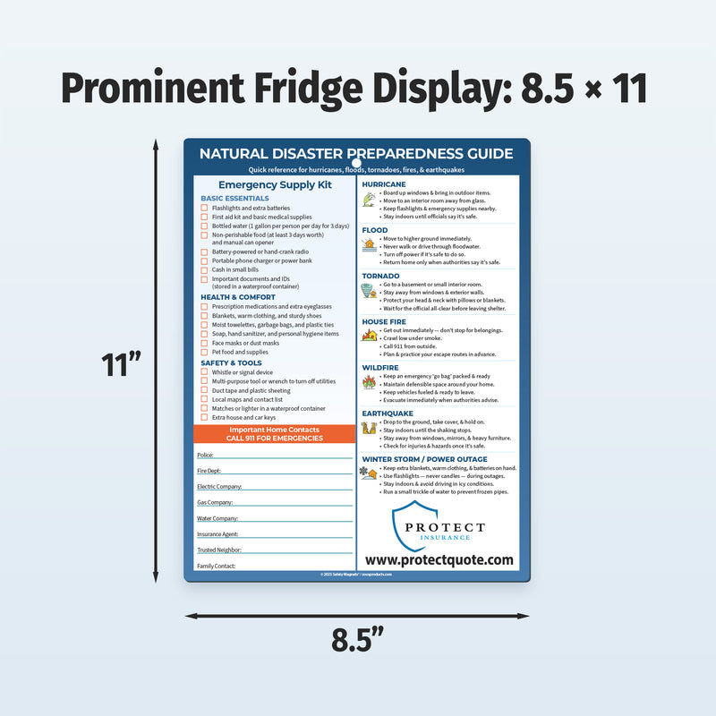 Natural Disaster Preparedness Guide poster with dimensions 8.5 x 11 on a light blue background