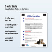 Product description card for CPR for dogs and cats on a magnetic surface with safety features highlighted.