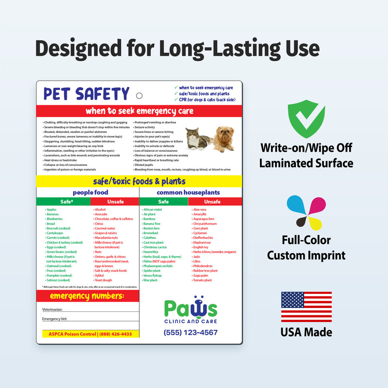 Pet safety chart with colorful columns and text on a white background