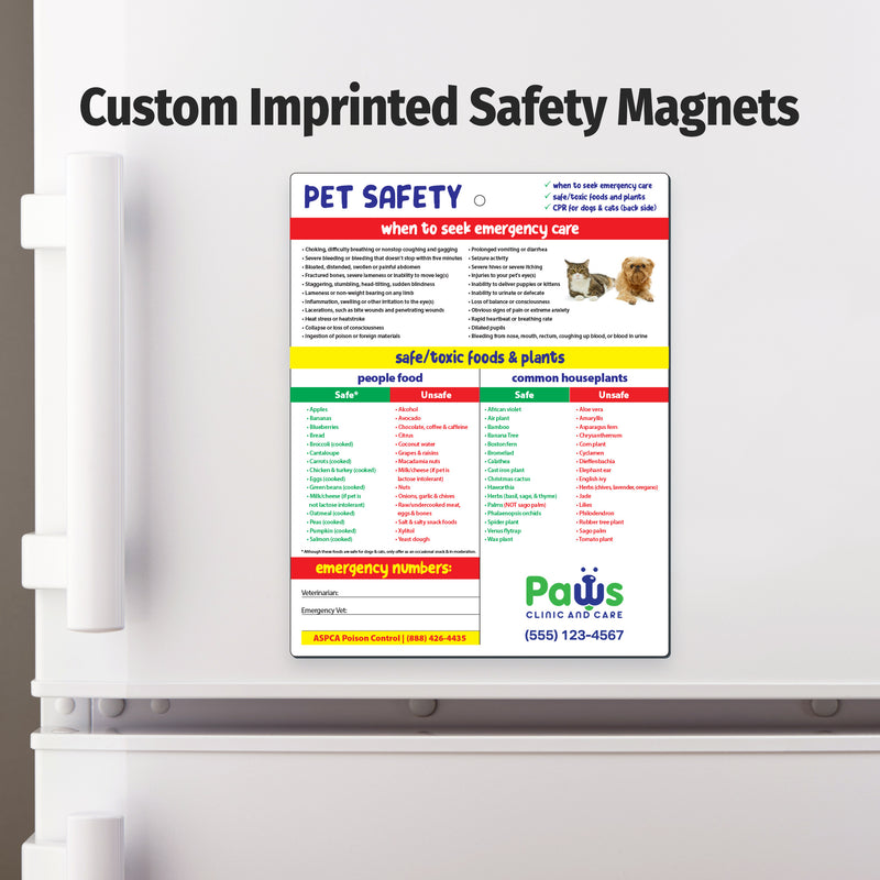 Custom imprinted safety magnet on a refrigerator door