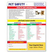 Pet safety chart with emergency care information, safe/toxic foods, and houseplants for pets.
