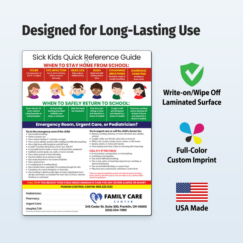 Custom promotional magnets with sick child guidelines, dosing chart, and when to seek care. Laminated 8.5 x 11 cards. Minimum 100. USA made.