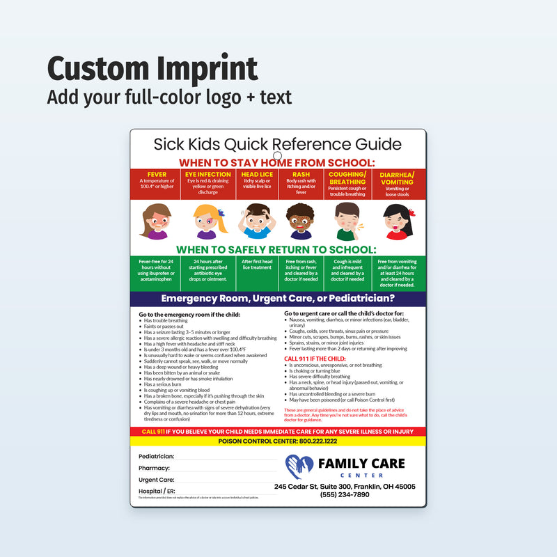 Sick Kids Quick Reference Guide with colorful illustrations and text on a light gray background