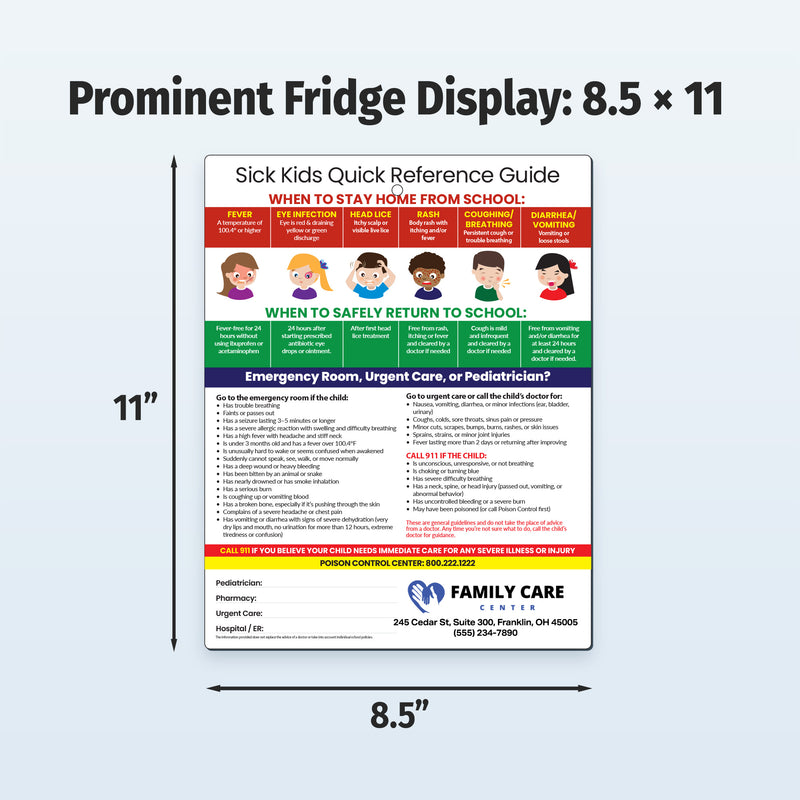 Custom promotional magnets with sick child guidelines, dosing chart, and when to seek care. Laminated 8.5 x 11 cards. 