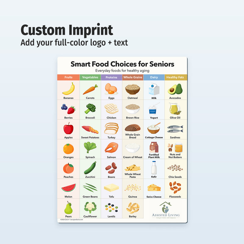 Chart titled 'Smart Food Choices for Seniors' with food categories and corresponding images on a white background.