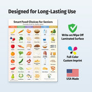 Chart of smart food choices for seniors with a green checkmark, colorful custom imprint logo, and USA Made label on a light blue background.