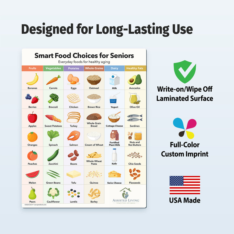 Chart of smart food choices for seniors with a green checkmark, colorful custom imprint logo, and USA Made label on a light blue background.