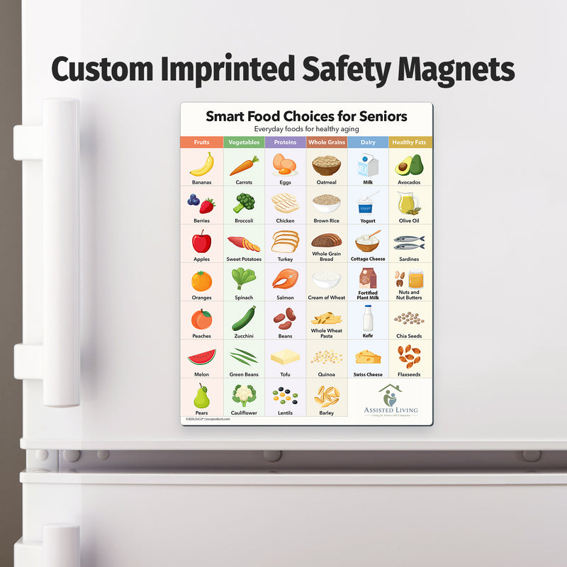 Fridge magnet with food choices for seniors on a refrigerator