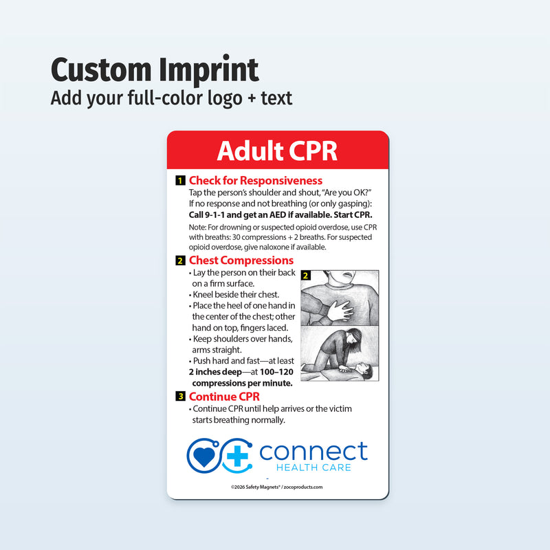 CPR instruction magnet with text and illustrations 
