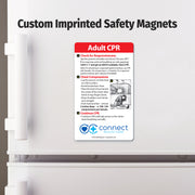 Custom imprinted safety magnet on a refrigerator door with text and graphics.