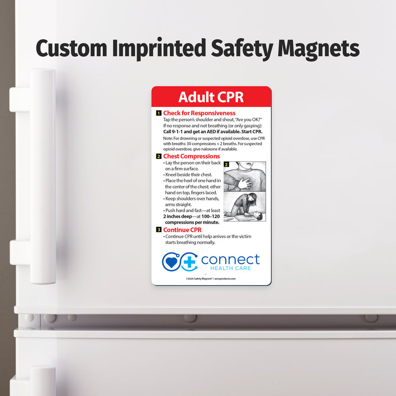 Custom imprinted safety magnet on a refrigerator door with text and graphics.