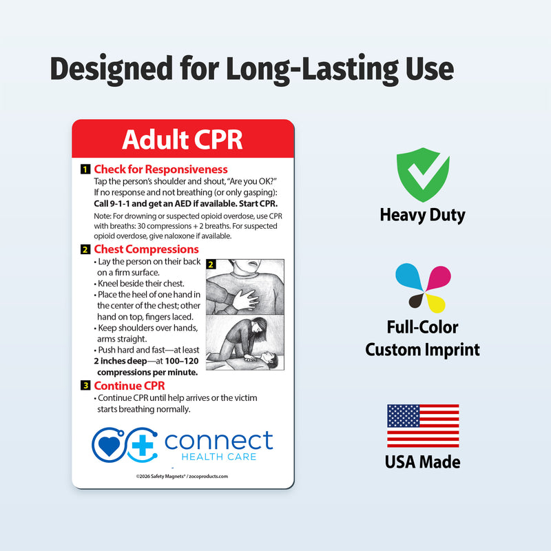 CPR card with instructions and branding on a light blue background