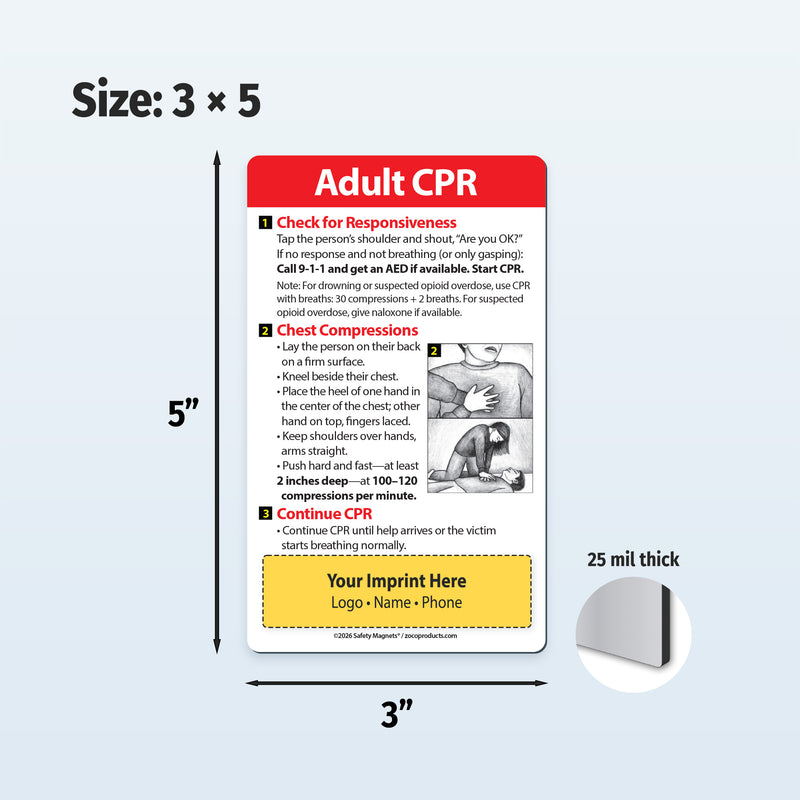 CPR magnet with instructions and dimensions on a white background