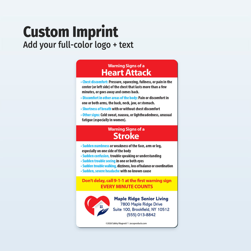 Heart Attack & Stroke Warning Signs – Custom Safety Magnets® – 3 x 5 – Minimum 100