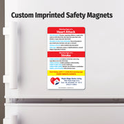 Custom imprinted safety magnet on a refrigerator door with text and logo.