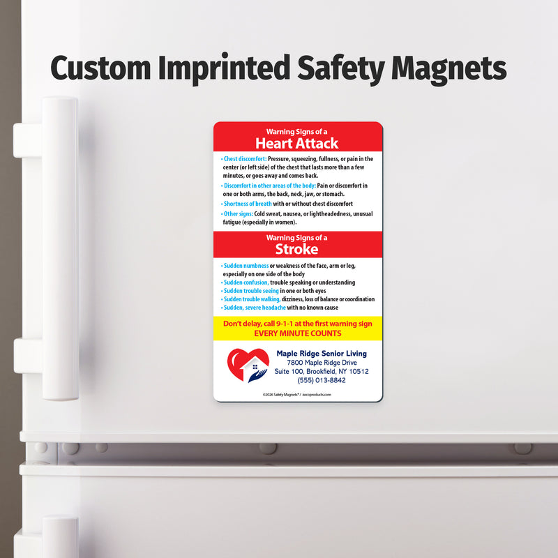 Custom imprinted safety magnet on a refrigerator door with text and logo.