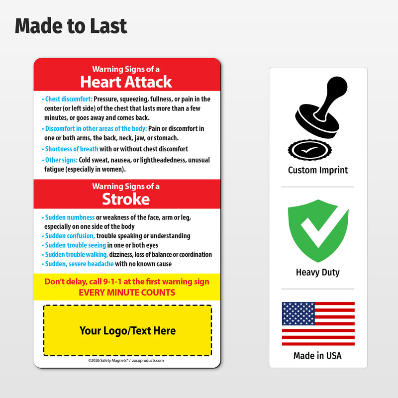 Heart Attack & Stroke Warning Signs – Custom Safety Magnets® – 3 x 5 – Minimum 100