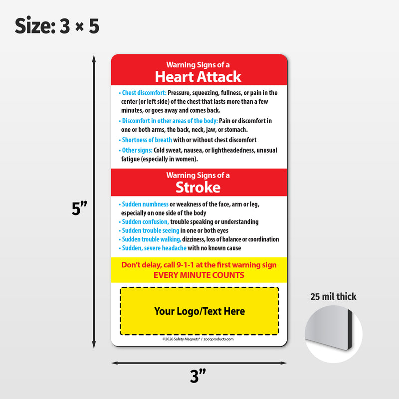 Heart Attack & Stroke Warning Signs – Custom Safety Magnets® – 3 x 5 – Minimum 100