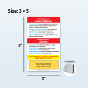 Informational magnet about heart attack and stroke warning signs with dimensions and thickness details.