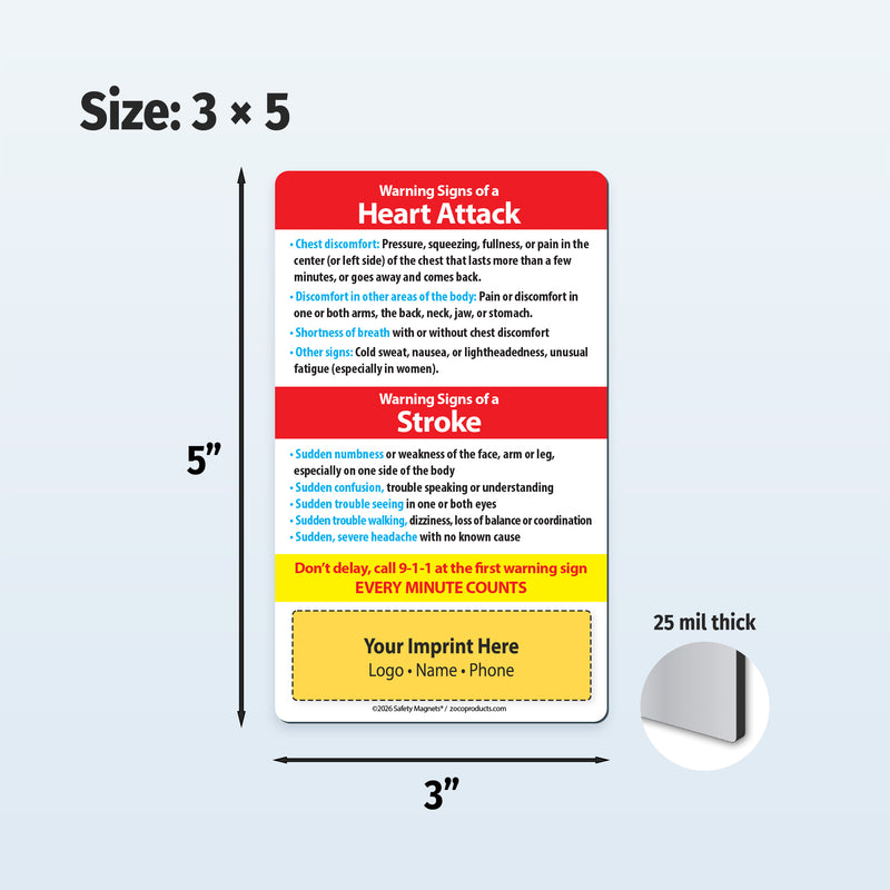 Informational magnet about heart attack and stroke warning signs with dimensions and thickness details.