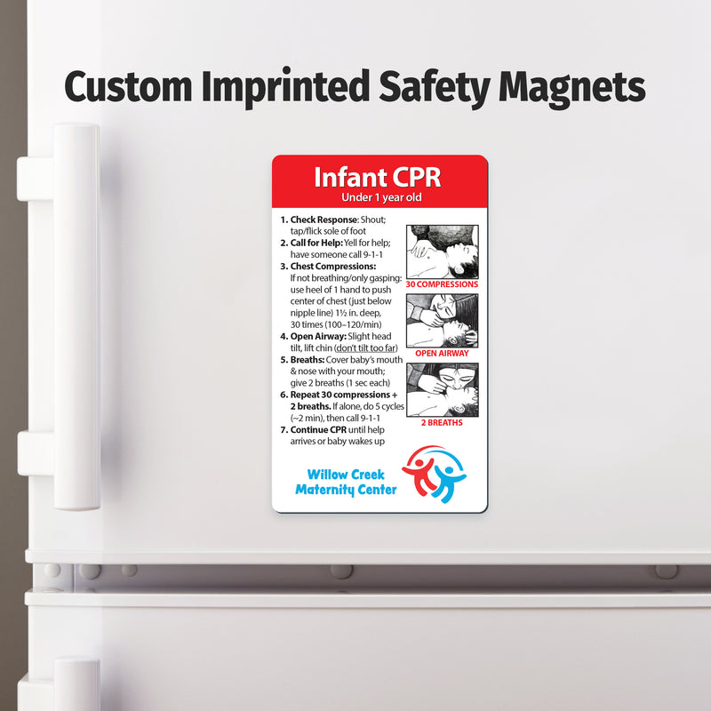 Custom imprinted safety magnet on a refrigerator door with CPR instructions.