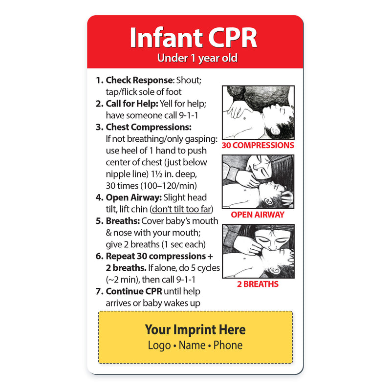 Infant CPR card with instructions and illustrations on a white background