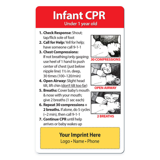 Infant CPR card with instructions and illustrations on a white background