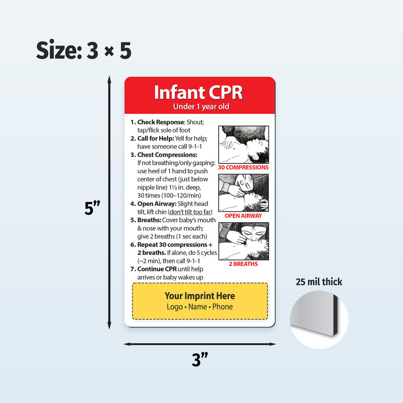 Infant CPR card with dimensions and thickness details on a white background