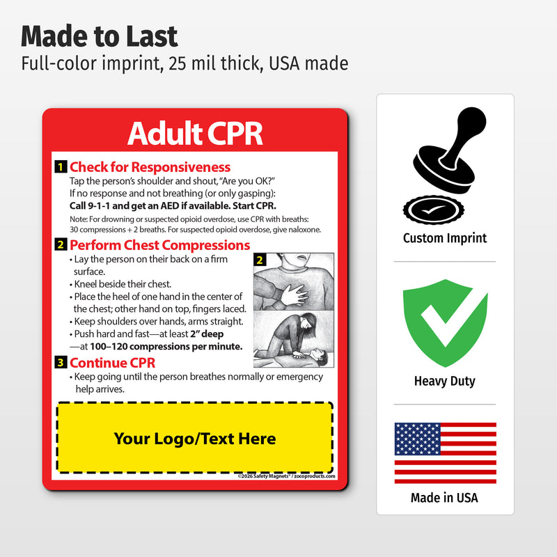 Adult CPR Steps — Custom Safety Magnets — 4 × 5 — Minimum 100