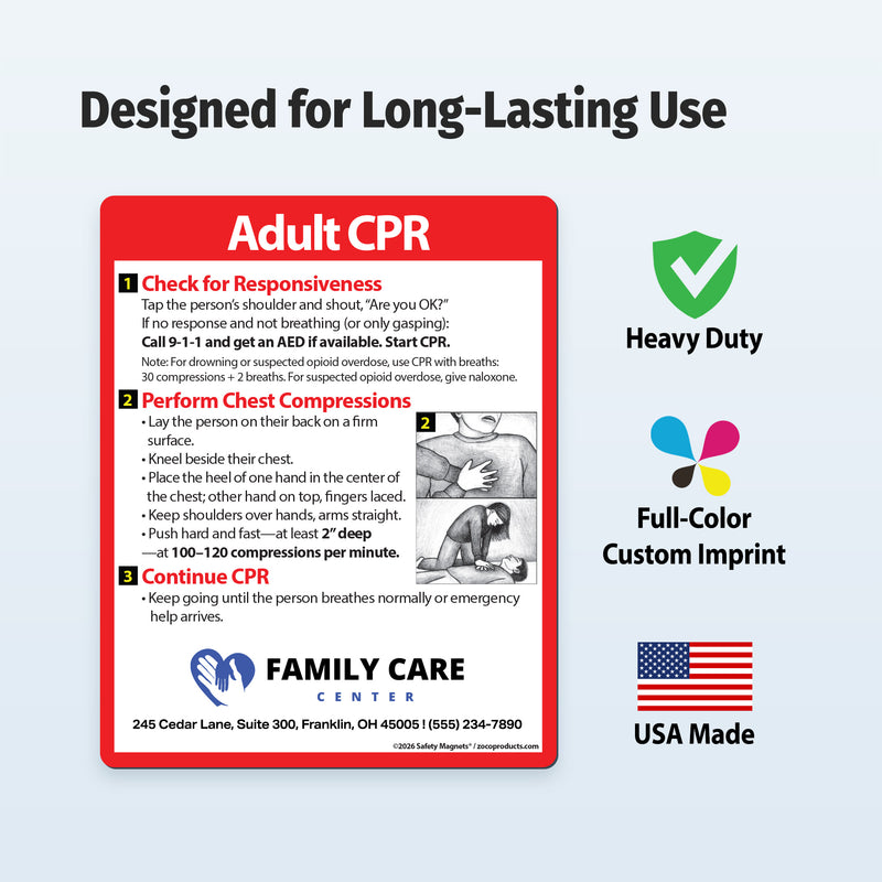 Adult CPR Steps — Custom Safety Magnets — 4 × 5 — Minimum 100