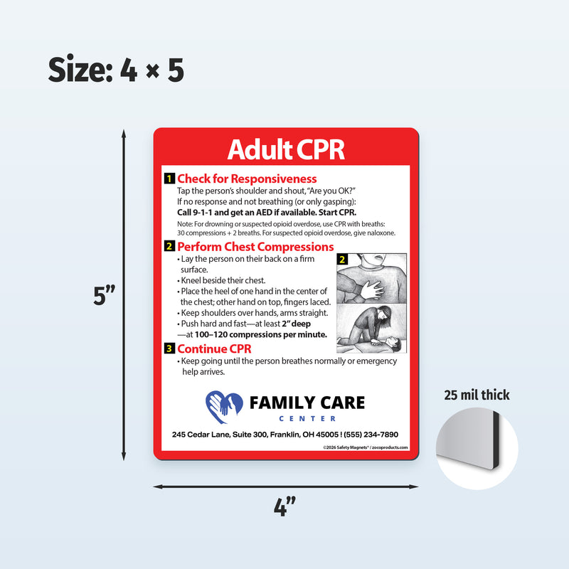 Adult CPR Steps — Custom Safety Magnets — 4 × 5 — Minimum 100