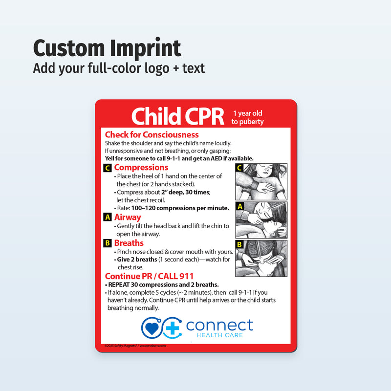 Child CPR card with text and images on a light gray background