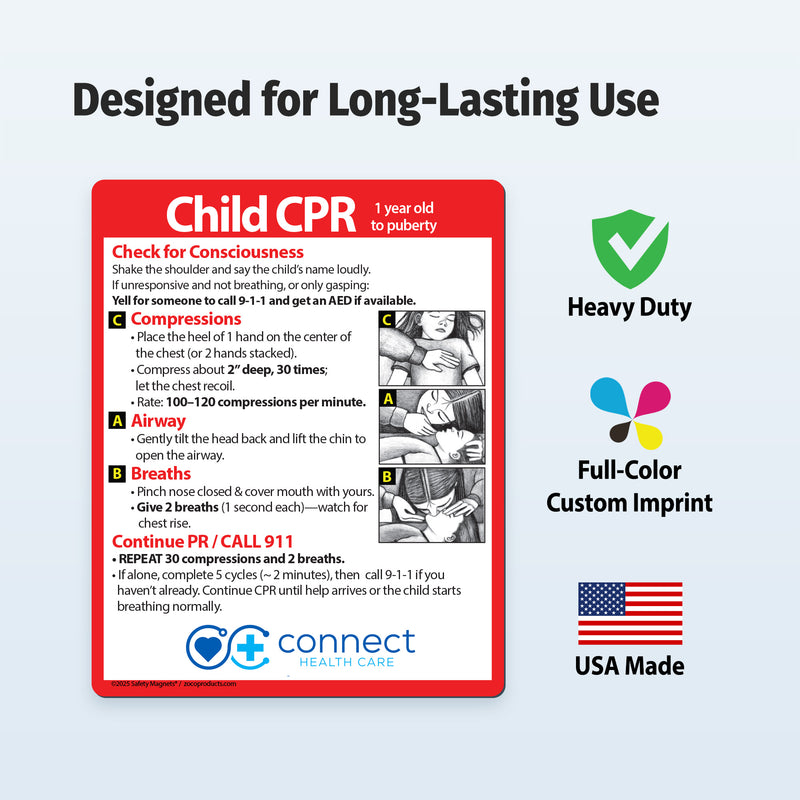 Child CPR custom safety magnet with instructions and branding on a light blue background