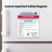 Custom imprinted safety magnet on a refrigerator door with text and contact information.