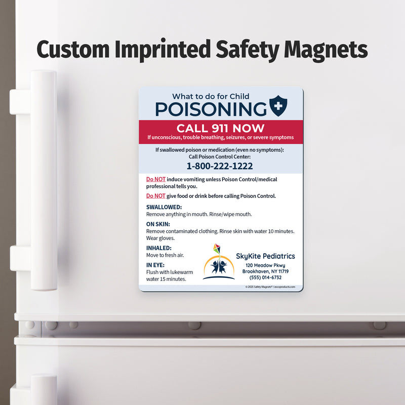 Custom imprinted safety magnet on a refrigerator door with text and contact information.