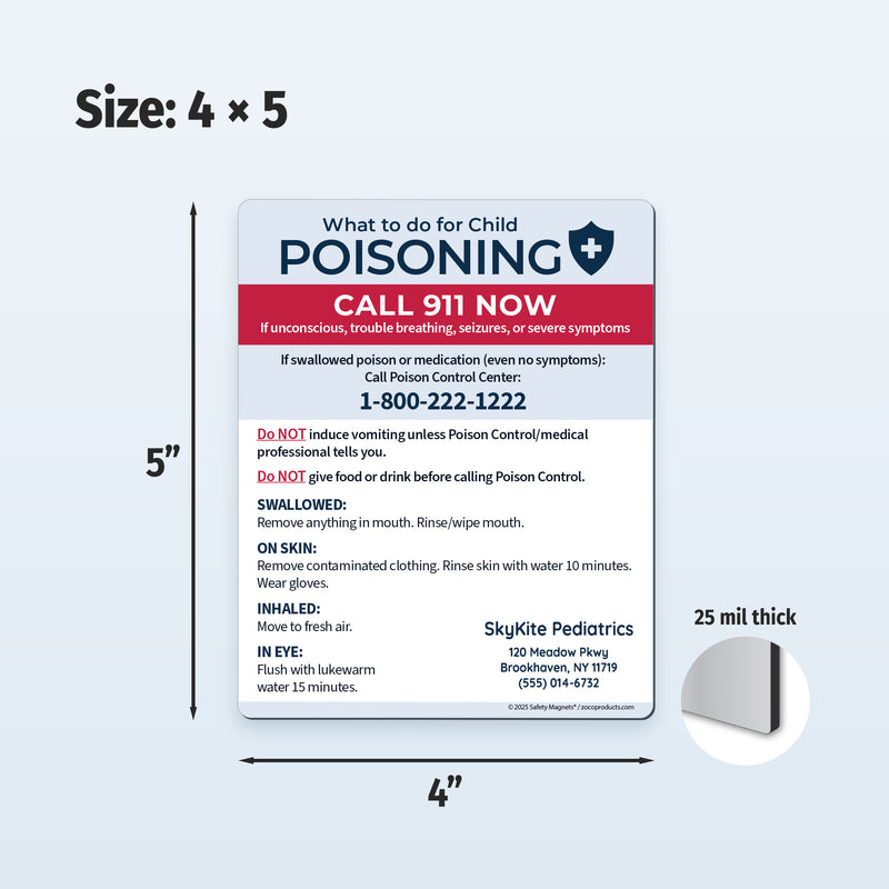 magnet with poison control information and dimensions on a light gray background
